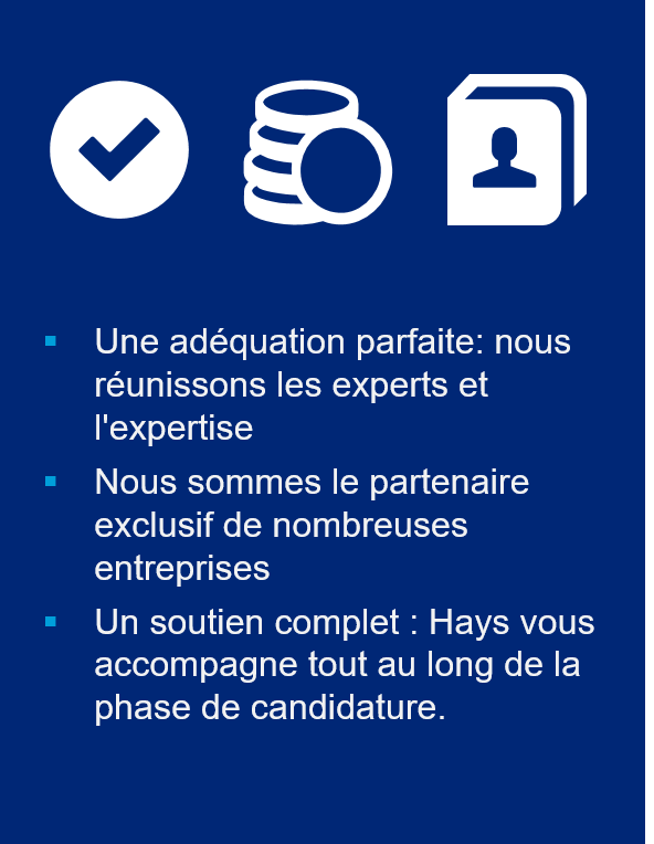 A gauche : Argent, coordonnées et icône de coche en blanc sur un fond bleu. Centre : Texte blanc avec des puces cyan : Convient parfaitement : Nous réunissons les experts et l'expertise. Nous sommes le partenaire exclusif de nombreuses entreprises. Un soutien complet : Hays vous soutient tout au long de la phase de candidature. A droite : Bulle rose "Avantages pour les candidats".